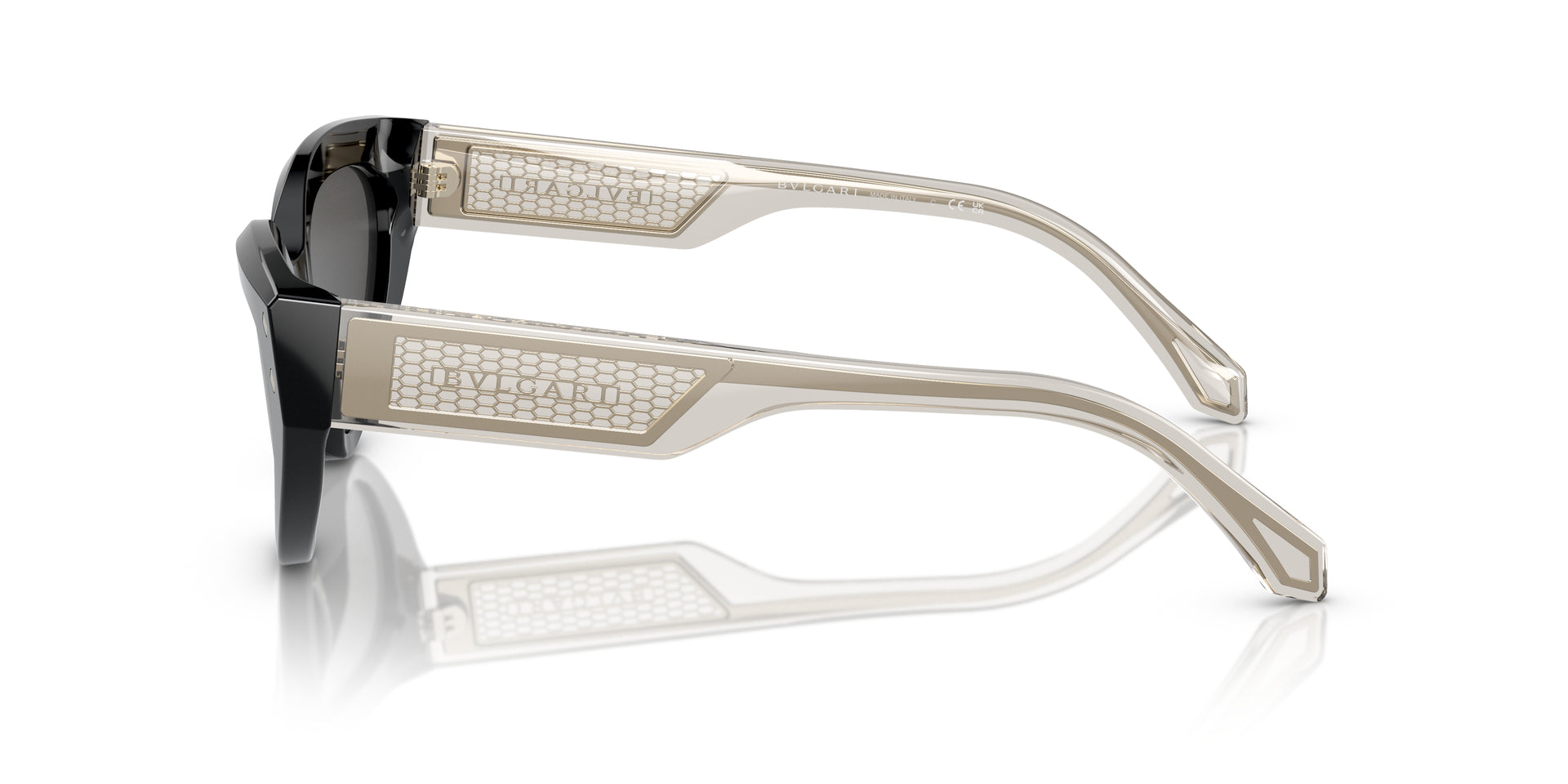 Bvlgari BV8256 501/87 cat-eye sunglasses for women in full rim plastic, with black frame, and dark grey lenses. 53mm in lens size, 21mm in bridge size, and 145mm in temple length.