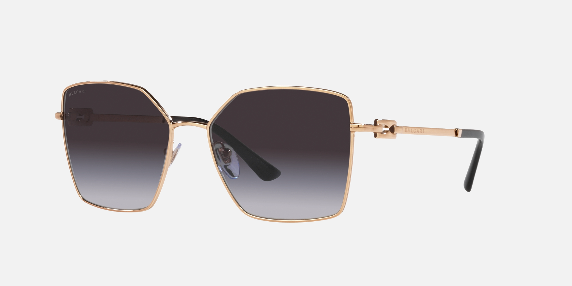 Bvlgari BV6175 20148G irregular sunglasses for women in full rim metal, with pink gold frame, and grey gradient lenses. 56mm in lens size, 16mm in bridge size, and 140mm in temple length.