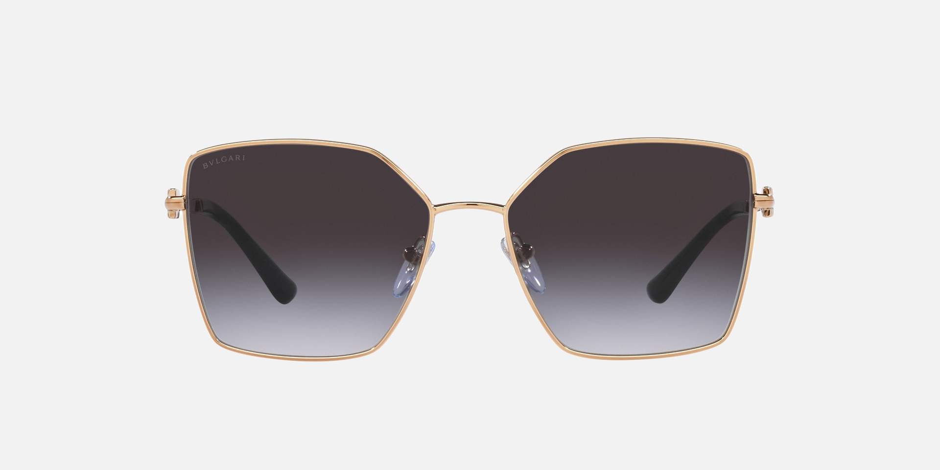 Bvlgari BV6175 20148G irregular sunglasses for women in full rim metal, with pink gold frame, and grey gradient lenses. 56mm in lens size, 16mm in bridge size, and 140mm in temple length.