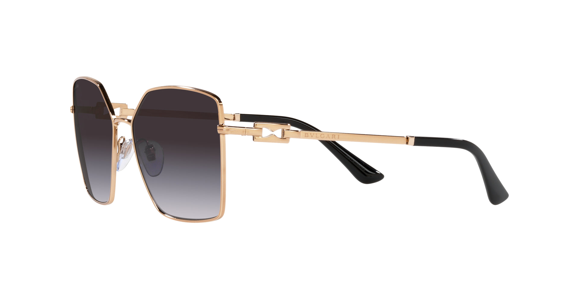 Bvlgari BV6175 20148G irregular sunglasses for women in full rim metal, with pink gold frame, and grey gradient lenses. 56mm in lens size, 16mm in bridge size, and 140mm in temple length.