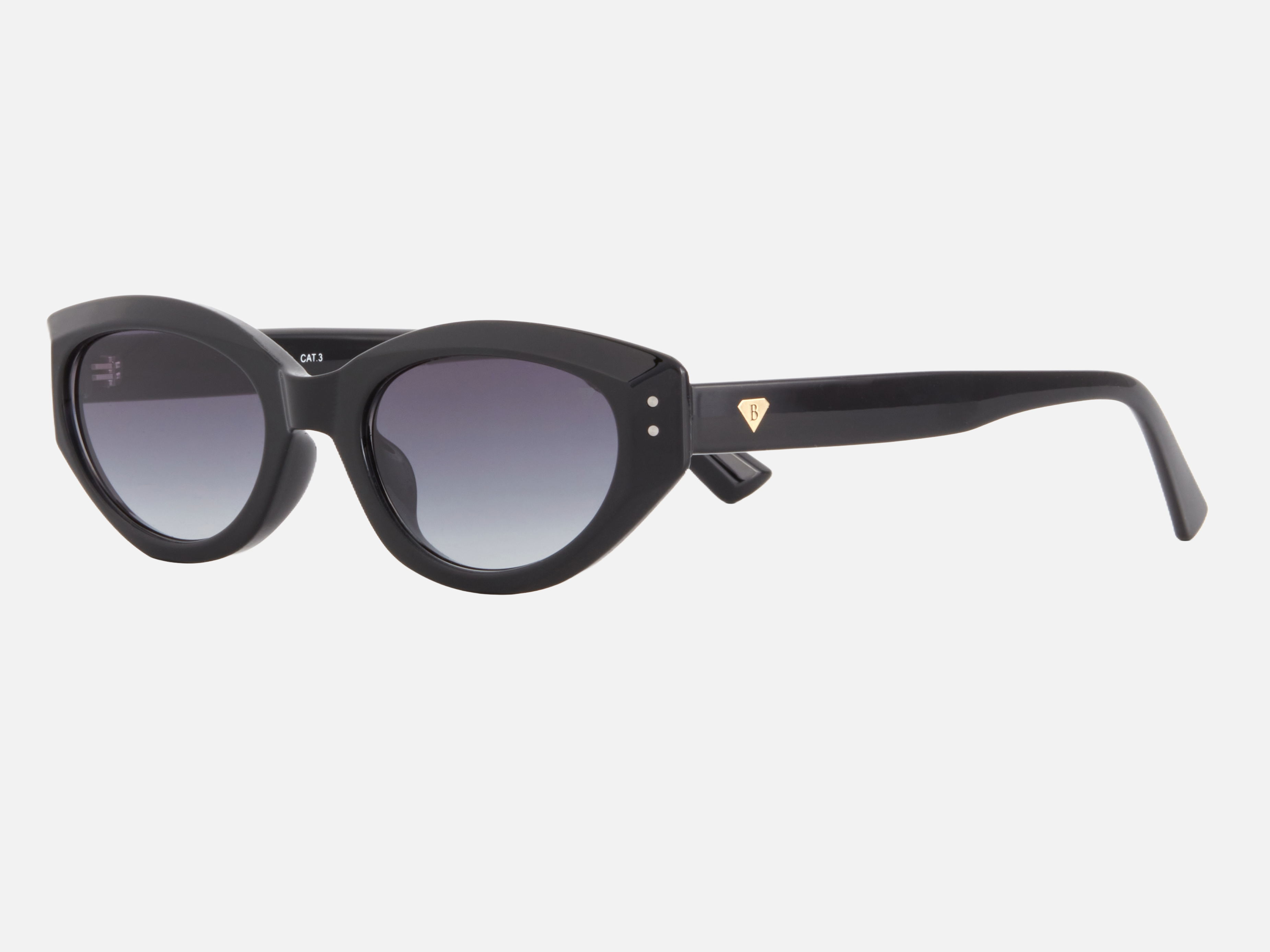 Blancia Milano BC 1295 C1 cat-eye sunglasses for women in full rim plastic, with black frame, and gradient grey lenses. 54mm in lens size, 22mm in bridge size, and 148mm in temple length.