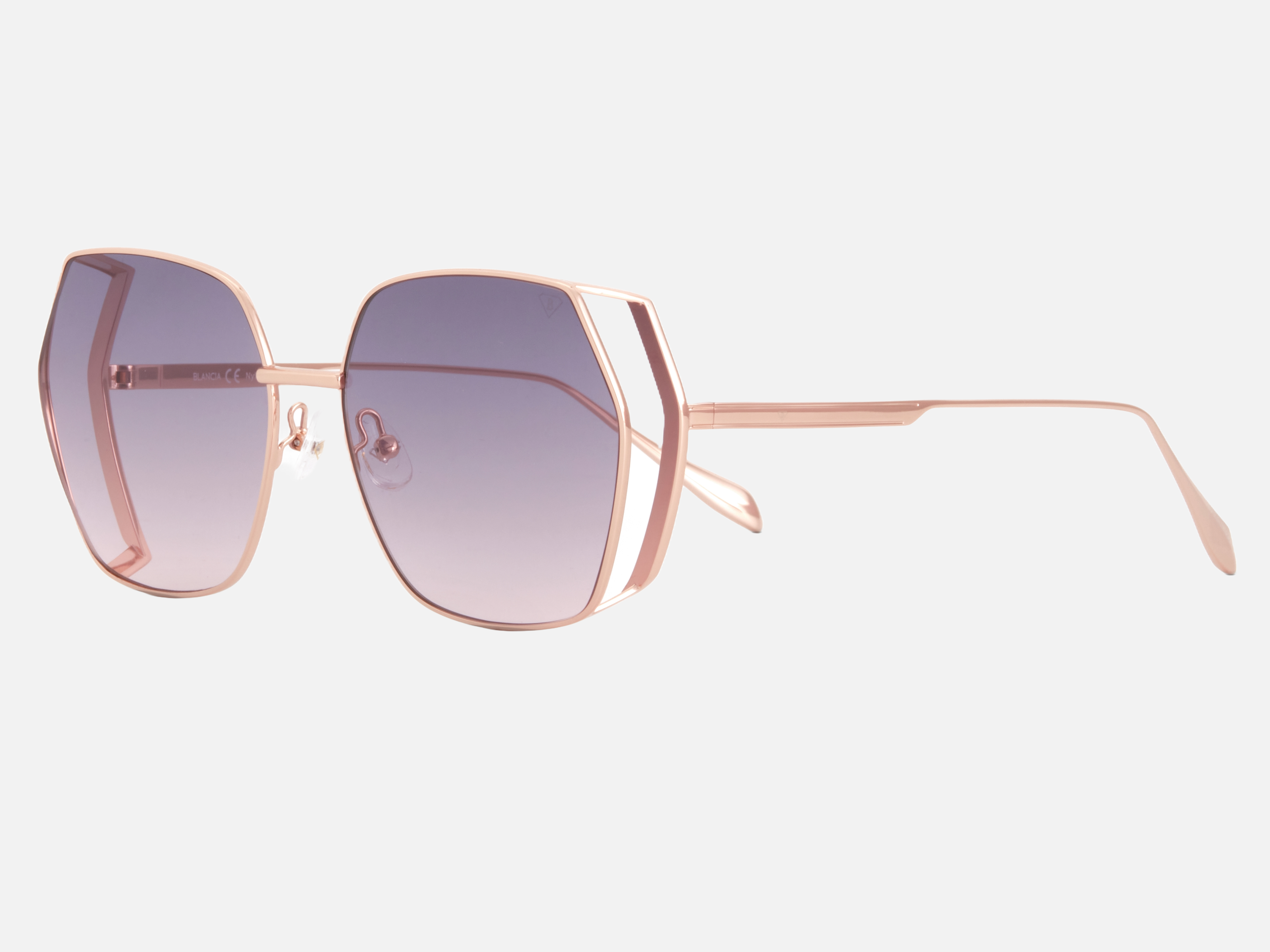 Blancia Milano BC 1297 C1 butterfly sunglasses for women in full rim steel, with rose gold frame, and gradient purple lenses. 60mm in lens size, 16mm in bridge size, and 142mm in temple length.