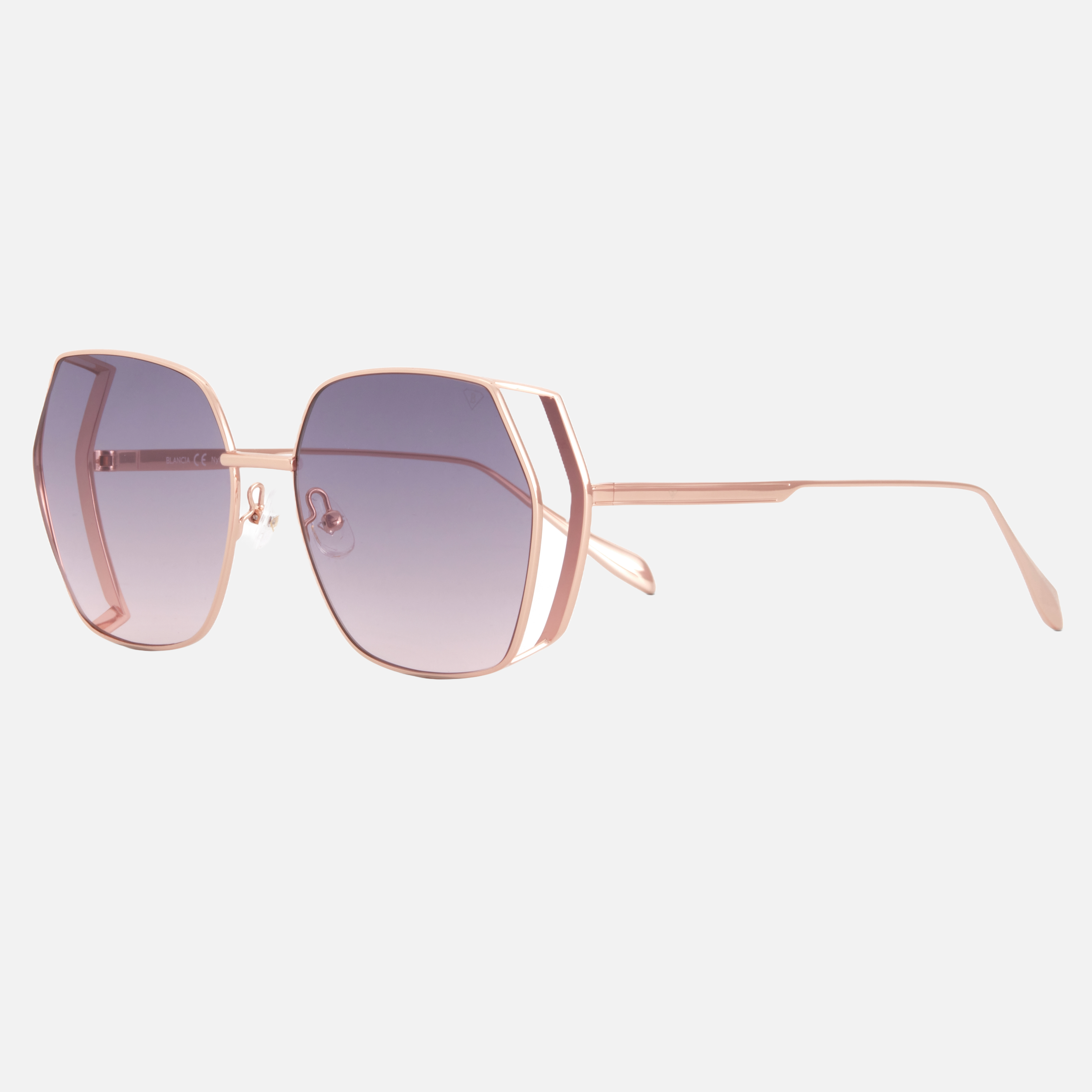 Blancia Milano BC 1297 C1 butterfly sunglasses for women in full rim steel, with rose gold frame, and gradient purple lenses. 60mm in lens size, 16mm in bridge size, and 142mm in temple length.