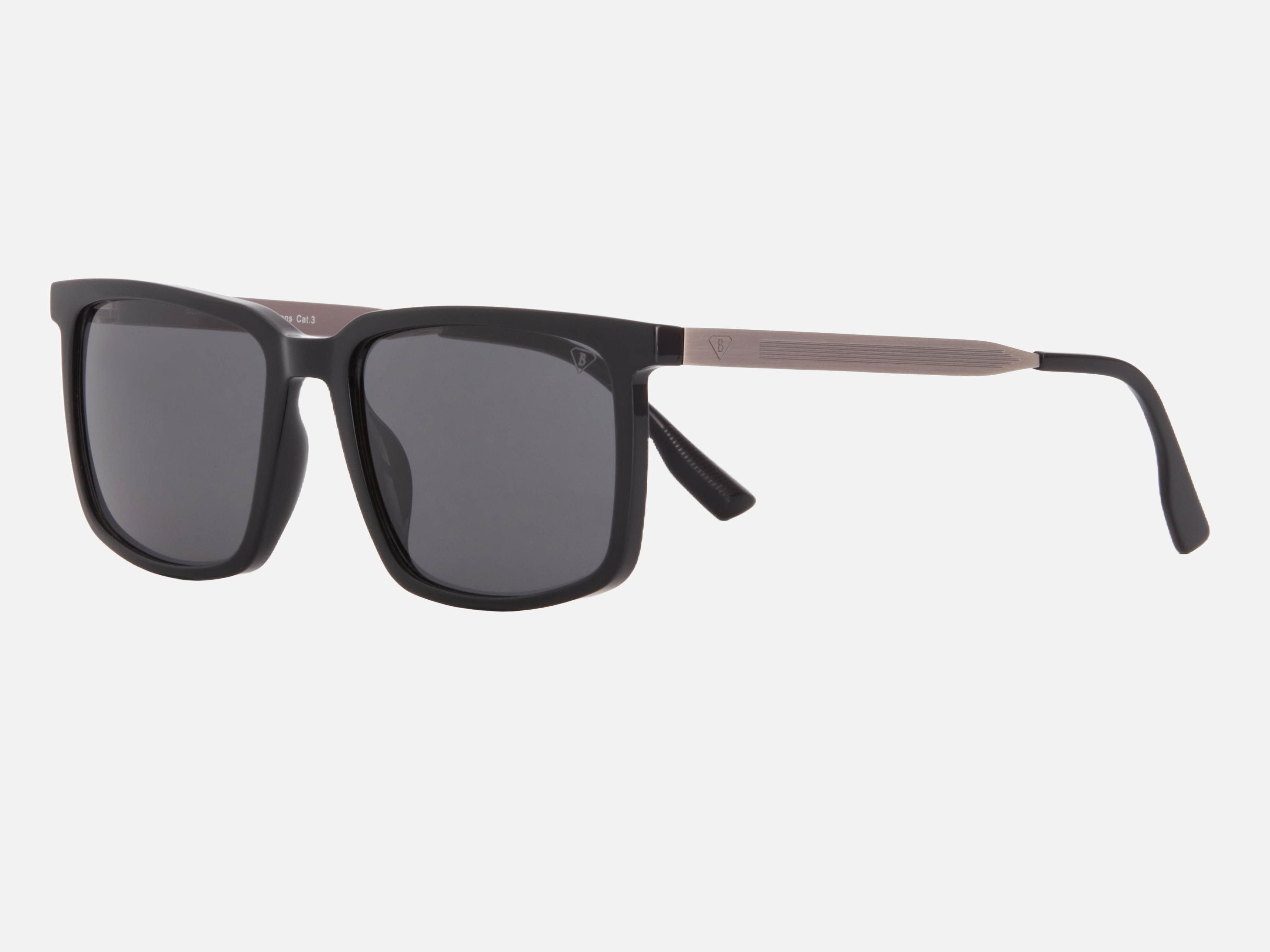 Blancia Milano BC 1300 C1 square sunglasses for men in full rim plastic, with black frame, and grey lenses. 56mm in lens size, 18mm in bridge size, and 148mm in temple length.
