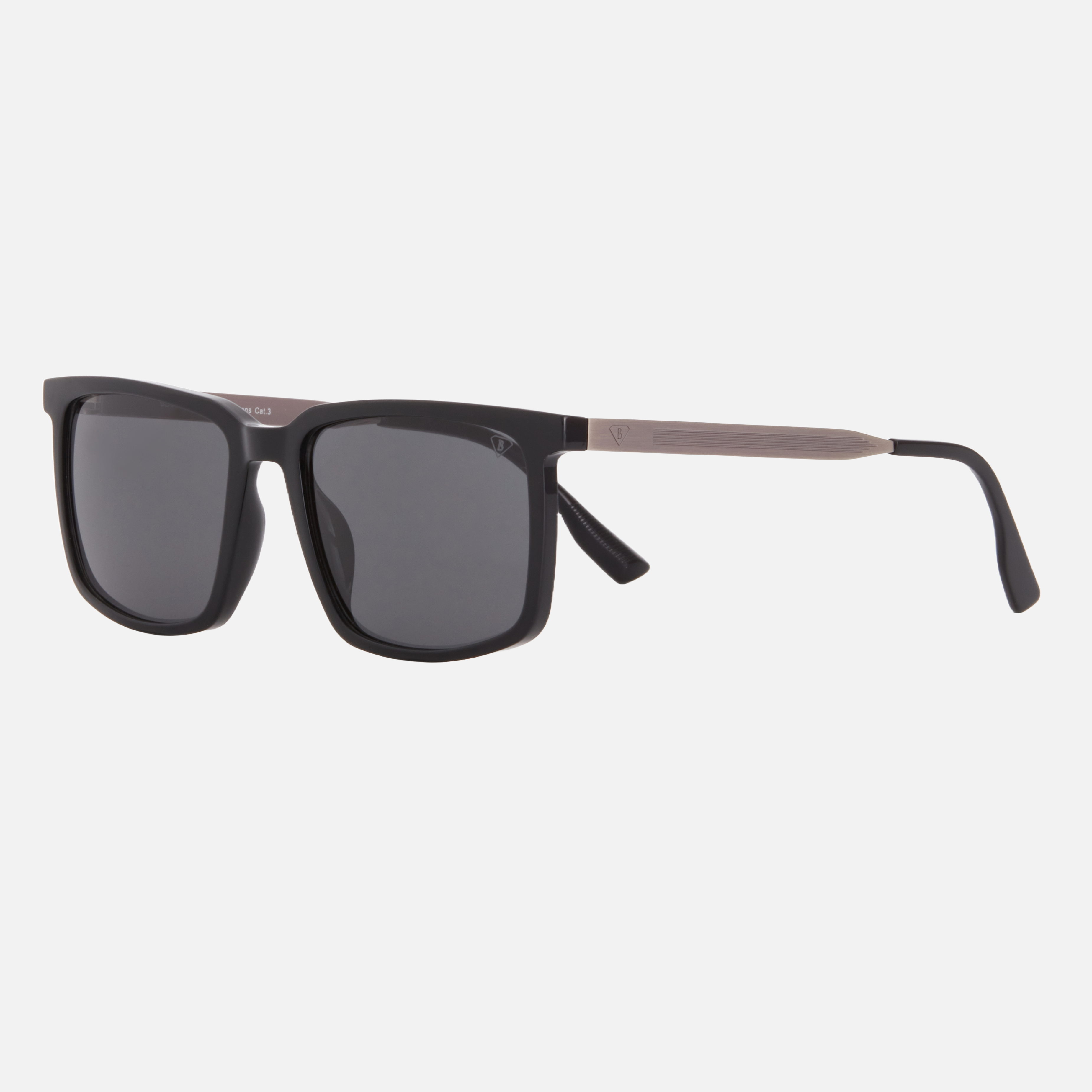 Blancia Milano BC 1300 C1 square sunglasses for men in full rim plastic, with black frame, and grey lenses. 56mm in lens size, 18mm in bridge size, and 148mm in temple length.