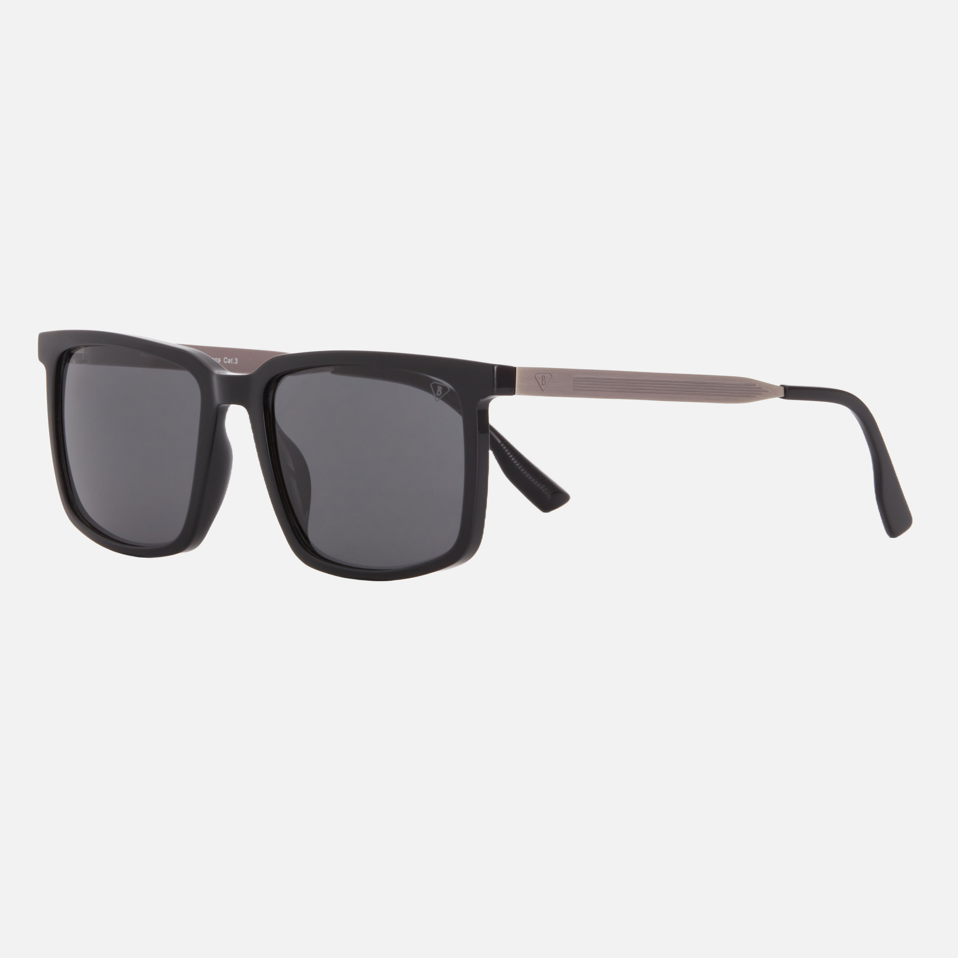 Blancia Milano BC 1300 C1 square sunglasses for men in full rim plastic, with black frame, and grey lenses. 56mm in lens size, 18mm in bridge size, and 148mm in temple length.