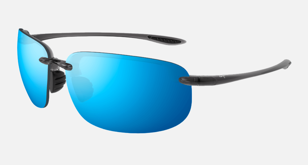 Maui Jim Ho'okipa XLarge 14A rectangular sunglasses for unisex in rimless plastic, with translucent grey frame, and blue hawaii lenses. 67mm in lens size, 15mm in bridge size, and 138mm in temple length.
