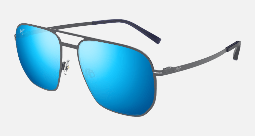 Maui Jim Shark's Cove 03 aviator sunglasses for unisex in full rim metal, with dove grey frame, and blue hawaii lenses. 55mm in lens size, 18mm in bridge size, and 145mm in temple length.