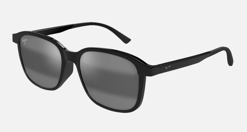 Maui Jim Makuahine Asian Fit 02 square sunglasses for unisex in full rim plastic, with shiny black frame, and neutral grey lenses. 55mm in lens size, 18mm in bridge size, and 145mm in temple length.