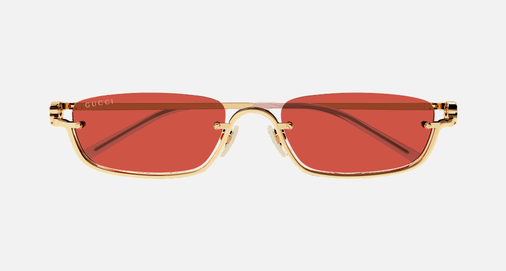Gucci GG1278S 003 rectangular sunglasses for unisex in semi-rimless metal, with gold frame, and red lenses. 55mm in lens size, 19mm in bridge size, and 140mm in temple length.