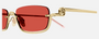 Gucci GG1278S 003 rectangular sunglasses for unisex in semi-rimless metal, with gold frame, and red lenses. 55mm in lens size, 19mm in bridge size, and 140mm in temple length.