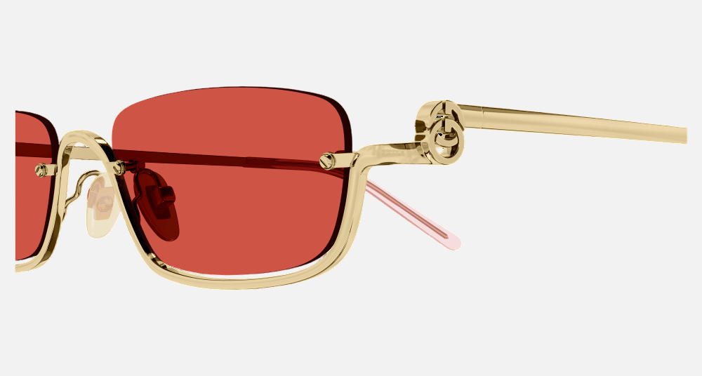 Gucci GG1278S 003 rectangular sunglasses for unisex in semi-rimless metal, with gold frame, and red lenses. 55mm in lens size, 19mm in bridge size, and 140mm in temple length.
