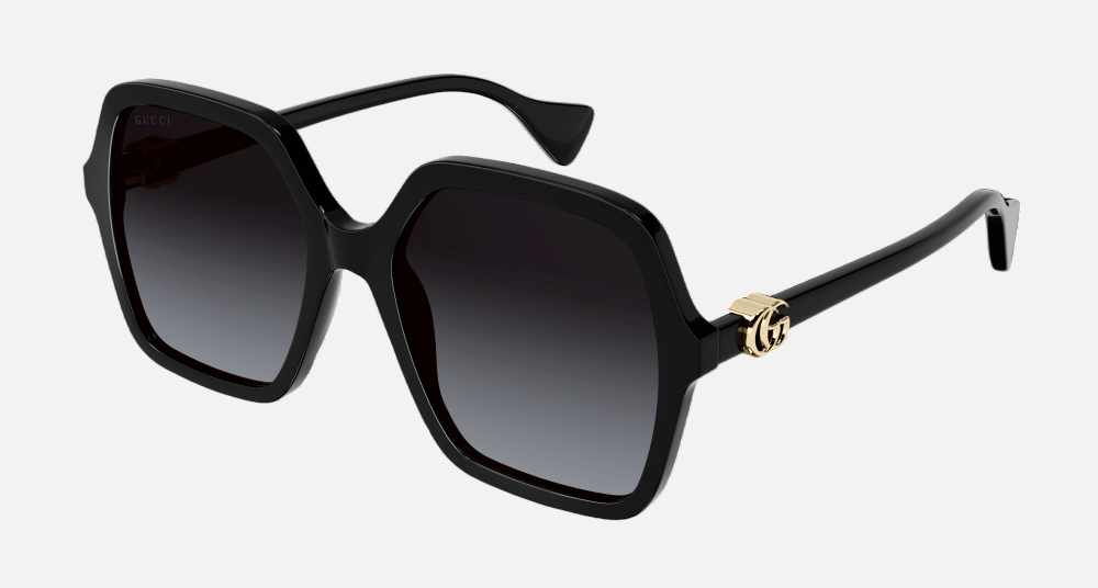 Gucci GG1072SA 001 square sunglasses for women in full rim plastic, with black frame, and grey gradient lenses. 56mm in lens size, 18mm in bridge size, and 145mm in temple length.