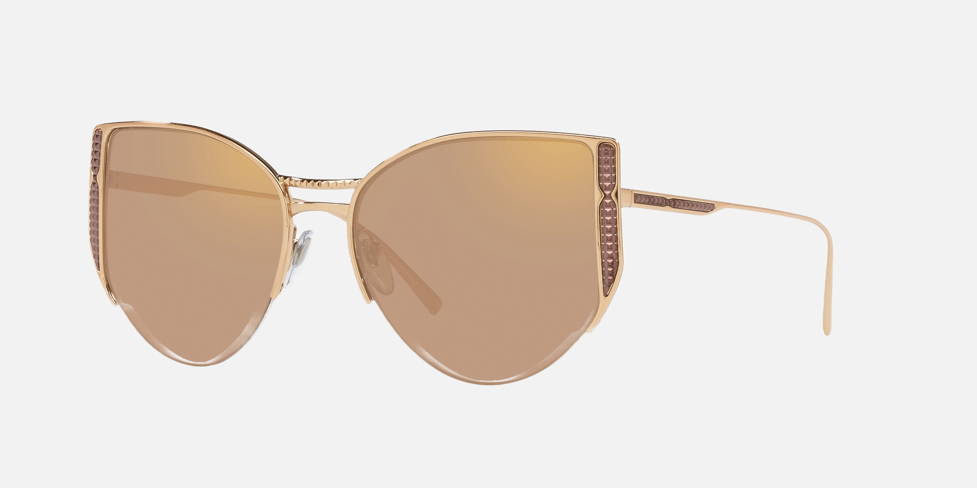 Bvlgari BV6170 20145A butterfly sunglasses for women in semi-rimless metal, with pink gold frame, and light brown mirrored flash gold lenses. 55mm in lens size, 17mm in bridge size, and 140mm in temple length.