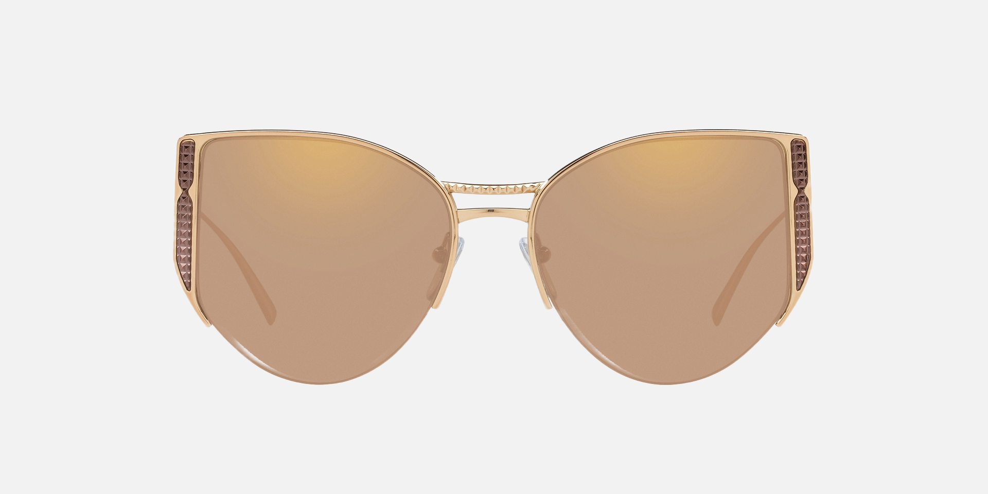 Bvlgari BV6170 20145A butterfly sunglasses for women in semi-rimless metal, with pink gold frame, and light brown mirrored flash gold lenses. 55mm in lens size, 17mm in bridge size, and 140mm in temple length.