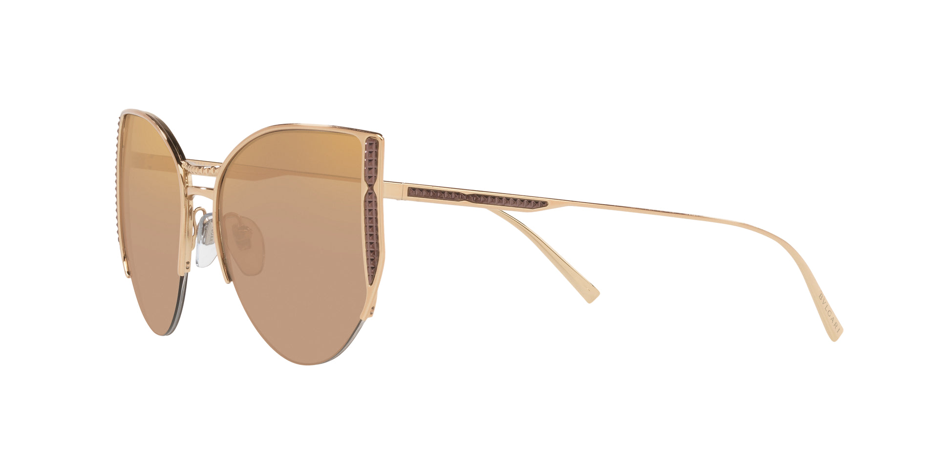 Bvlgari BV6170 20145A butterfly sunglasses for women in semi-rimless metal, with pink gold frame, and light brown mirrored flash gold lenses. 55mm in lens size, 17mm in bridge size, and 140mm in temple length.