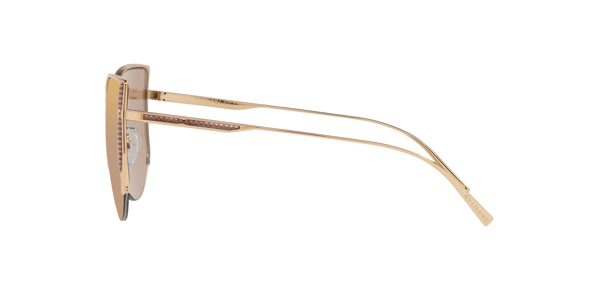 Bvlgari BV6170 20145A butterfly sunglasses for women in semi-rimless metal, with pink gold frame, and light brown mirrored flash gold lenses. 55mm in lens size, 17mm in bridge size, and 140mm in temple length.