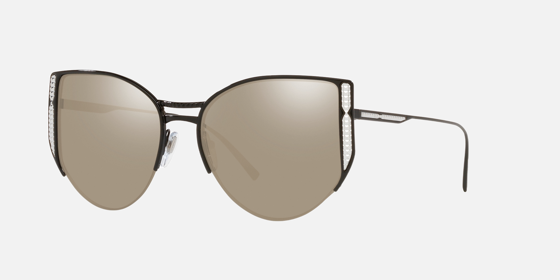 Bvlgari BV6170 20660V butterfly sunglasses for women in semi-rimless metal, with black frame, and white gold lenses. 55mm in lens size, 17mm in bridge size, and 140mm in temple length.