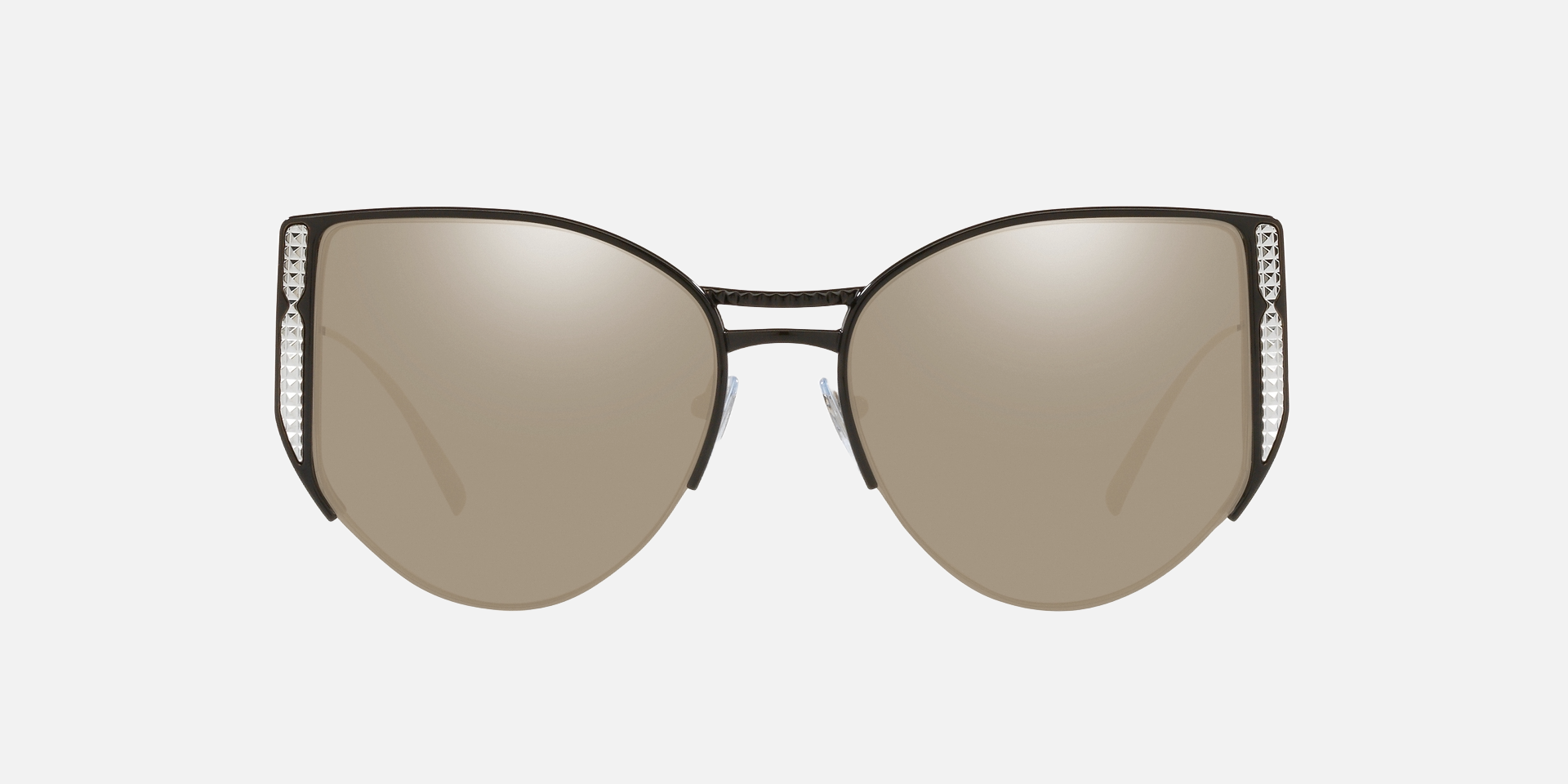 Bvlgari BV6170 20660V butterfly sunglasses for women in semi-rimless metal, with black frame, and white gold lenses. 55mm in lens size, 17mm in bridge size, and 140mm in temple length.