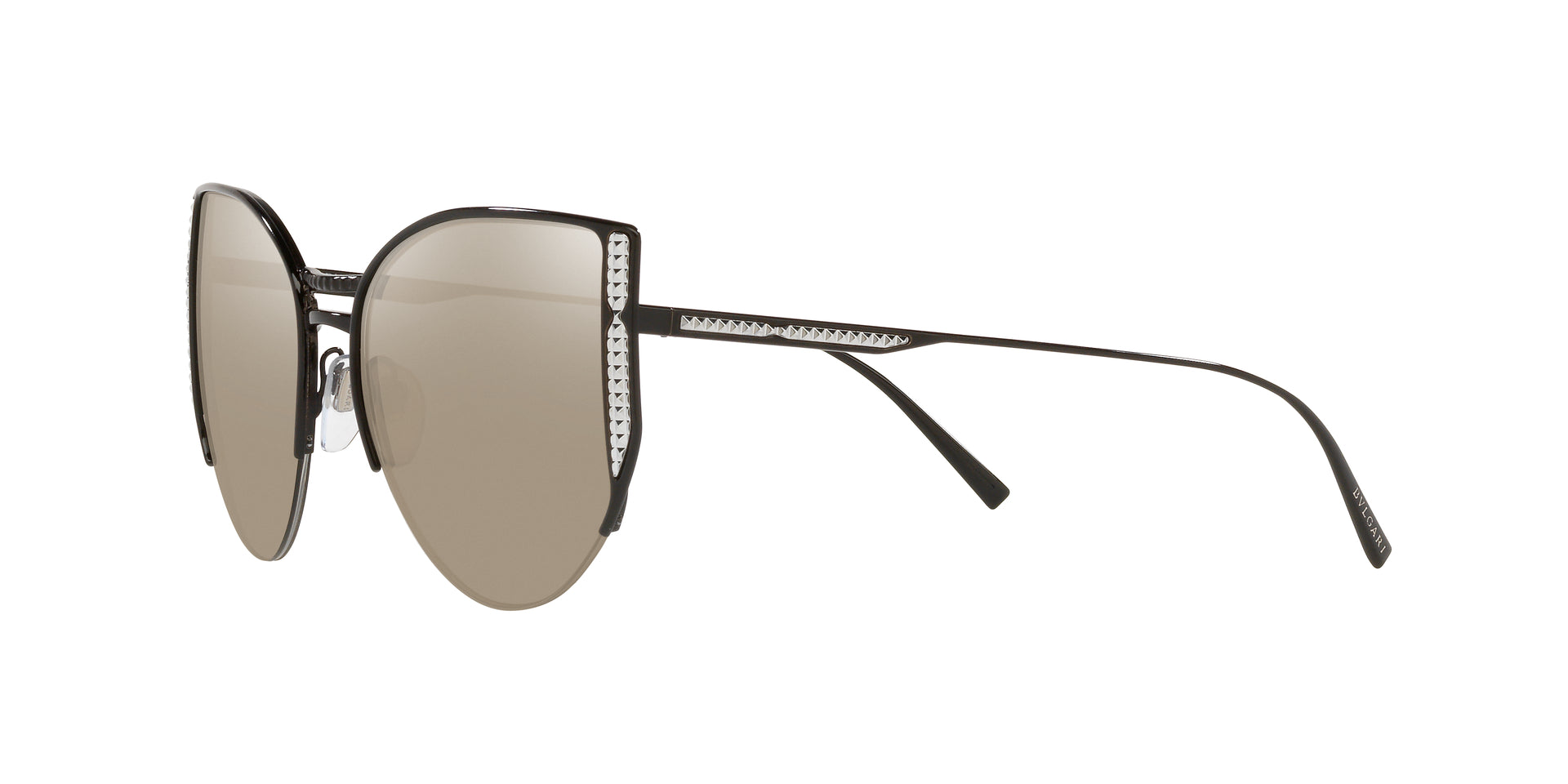Bvlgari BV6170 20660V butterfly sunglasses for women in semi-rimless metal, with black frame, and white gold lenses. 55mm in lens size, 17mm in bridge size, and 140mm in temple length.