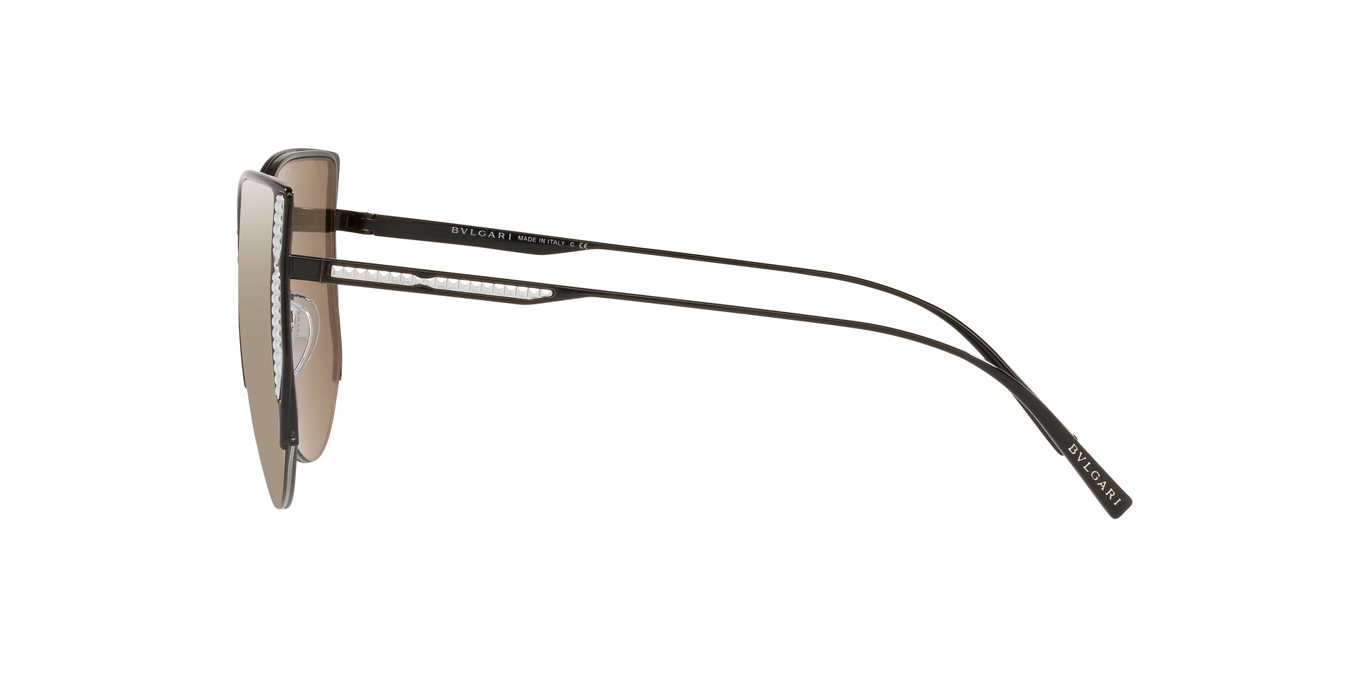 Bvlgari BV6170 20660V butterfly sunglasses for women in semi-rimless metal, with black frame, and white gold lenses. 55mm in lens size, 17mm in bridge size, and 140mm in temple length.