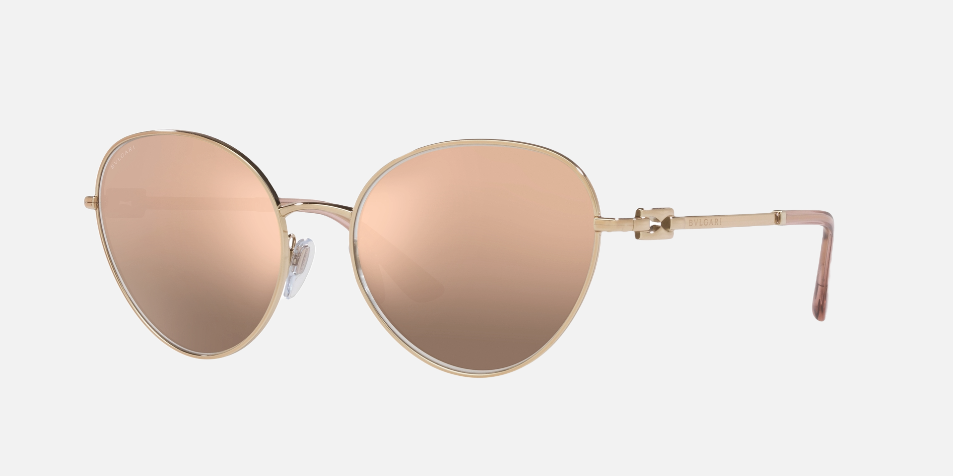 Bvlgari BV6174 20140W oval sunglasses for women in full rim metal, with pink gold frame, and rose gold lenses. 58mm in lens size, 18mm in bridge size, and 140mm in temple length.