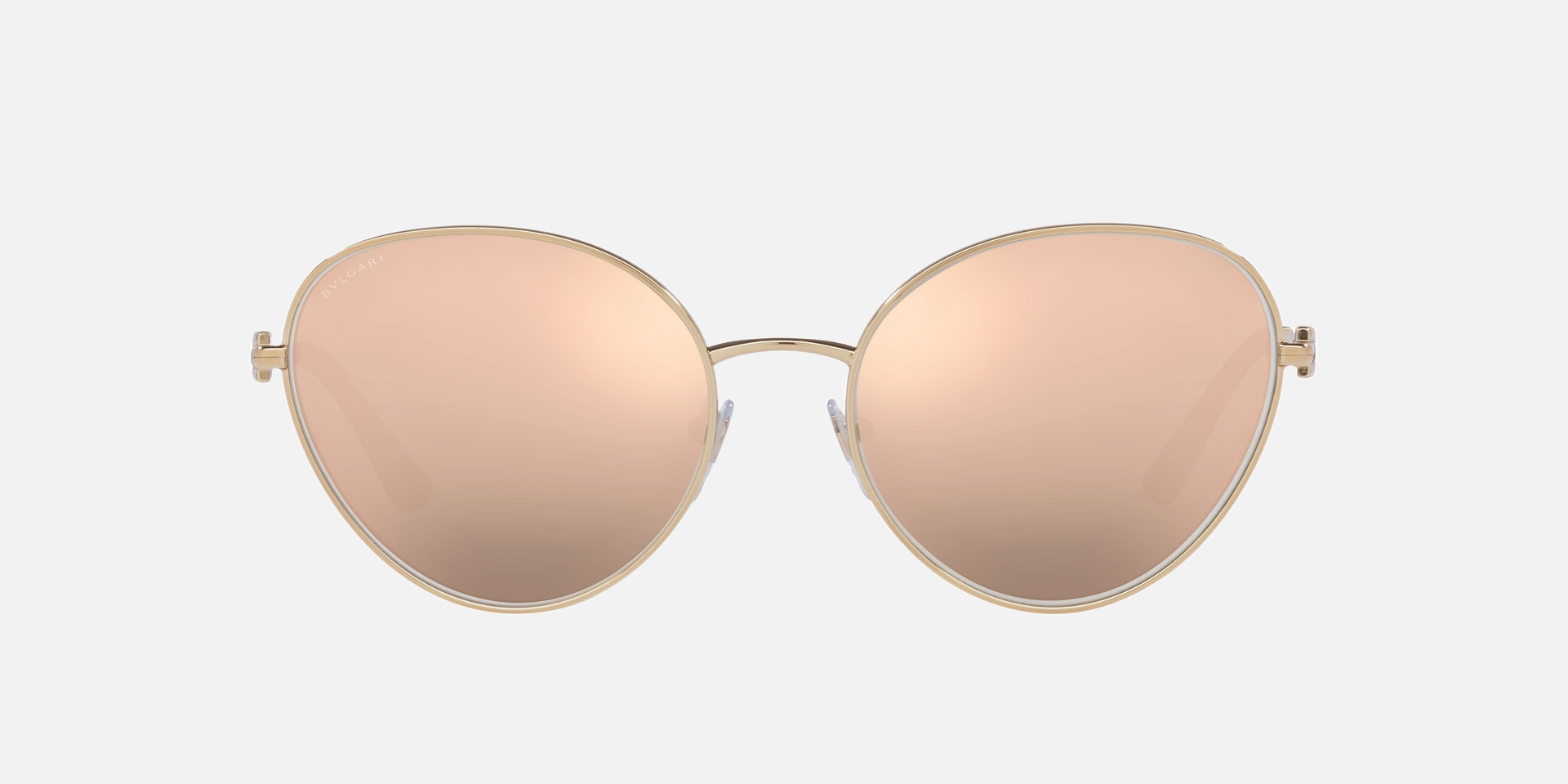 Bvlgari BV6174 20140W oval sunglasses for women in full rim metal, with pink gold frame, and rose gold lenses. 58mm in lens size, 18mm in bridge size, and 140mm in temple length.