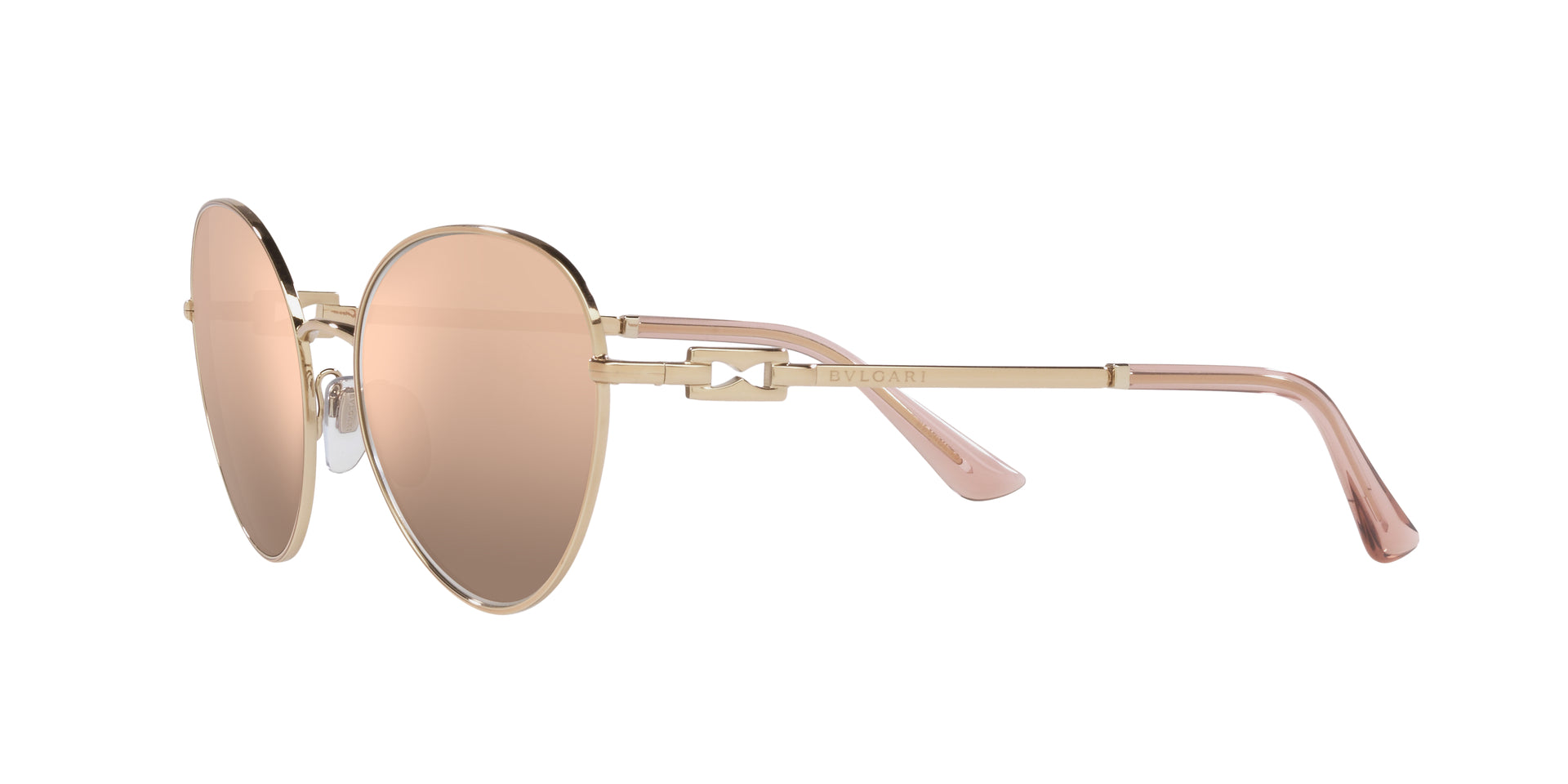 Bvlgari BV6174 20140W oval sunglasses for women in full rim metal, with pink gold frame, and rose gold lenses. 58mm in lens size, 18mm in bridge size, and 140mm in temple length.