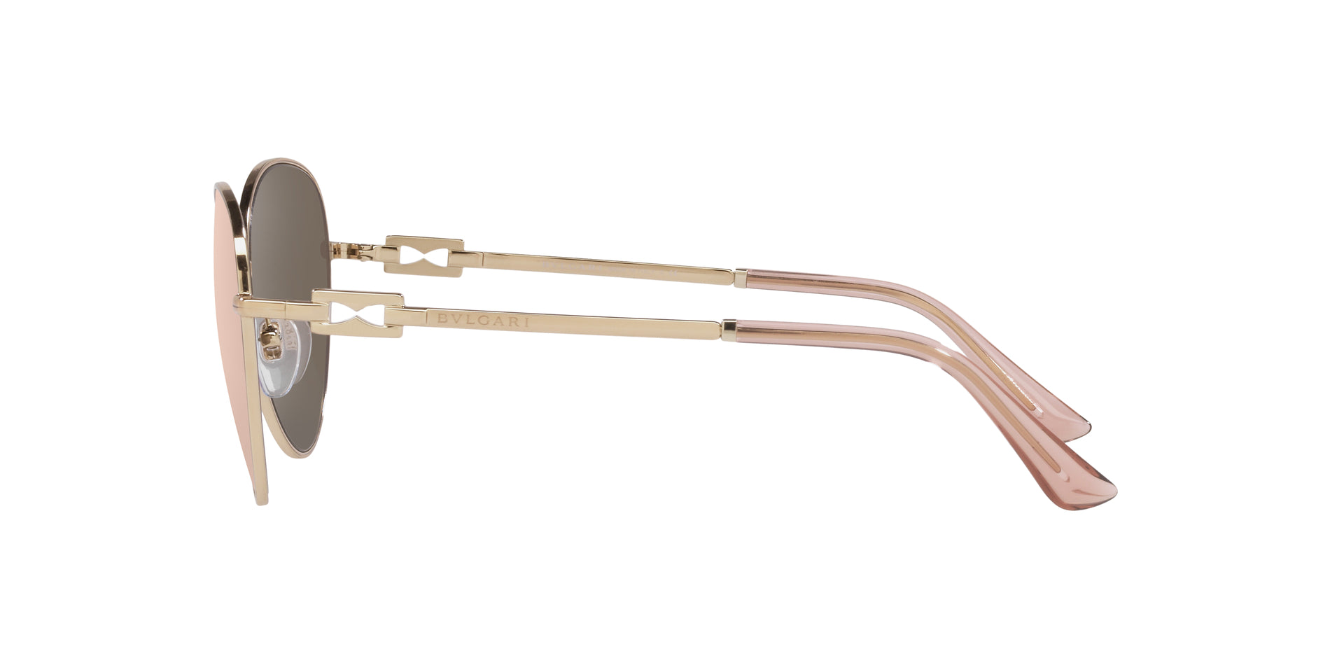 Bvlgari BV6174 20140W oval sunglasses for women in full rim metal, with pink gold frame, and rose gold lenses. 58mm in lens size, 18mm in bridge size, and 140mm in temple length.