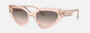 Bvlgari BV8256 54703B cat-eye sunglasses for women in full rim plastic, with transparent pink frame, and pink gradient grey lenses. 53mm in lens size, 21mm in bridge size, and 140mm in temple length.