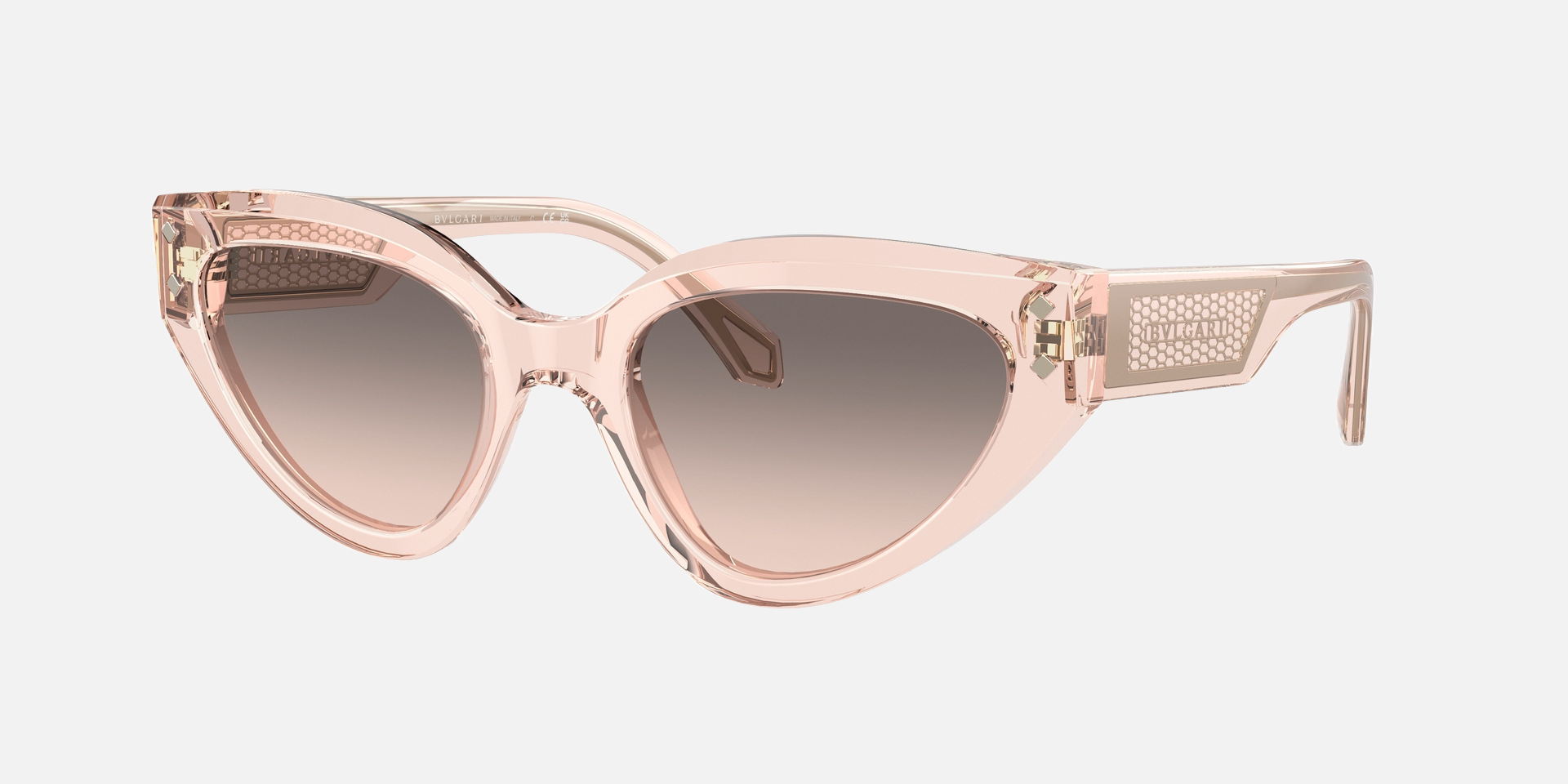 Bvlgari BV8256 54703B cat-eye sunglasses for women in full rim plastic, with transparent pink frame, and pink gradient grey lenses. 53mm in lens size, 21mm in bridge size, and 140mm in temple length.