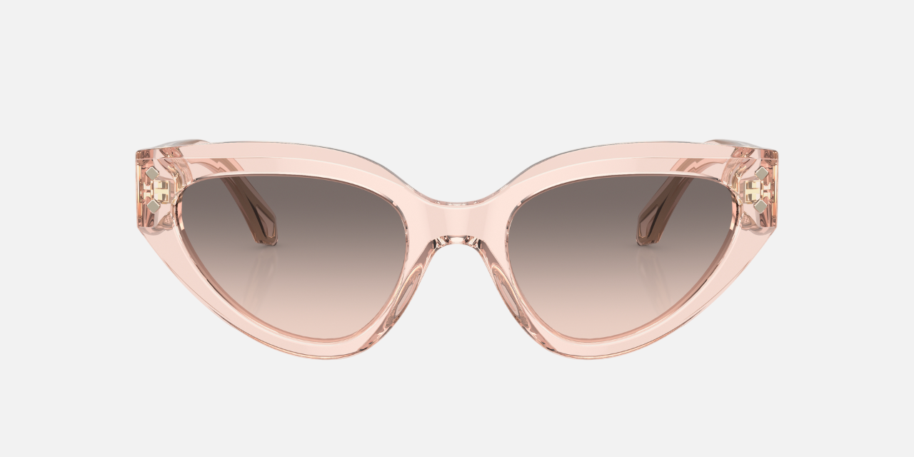 Bvlgari BV8256 54703B cat-eye sunglasses for women in full rim plastic, with transparent pink frame, and pink gradient grey lenses. 53mm in lens size, 21mm in bridge size, and 140mm in temple length.