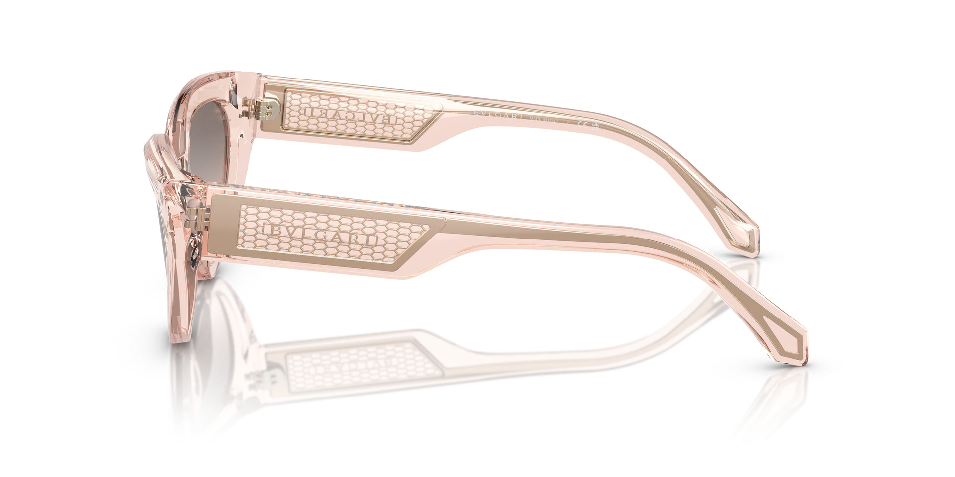 Bvlgari BV8256 54703B cat-eye sunglasses for women in full rim plastic, with transparent pink frame, and pink gradient grey lenses. 53mm in lens size, 21mm in bridge size, and 140mm in temple length.