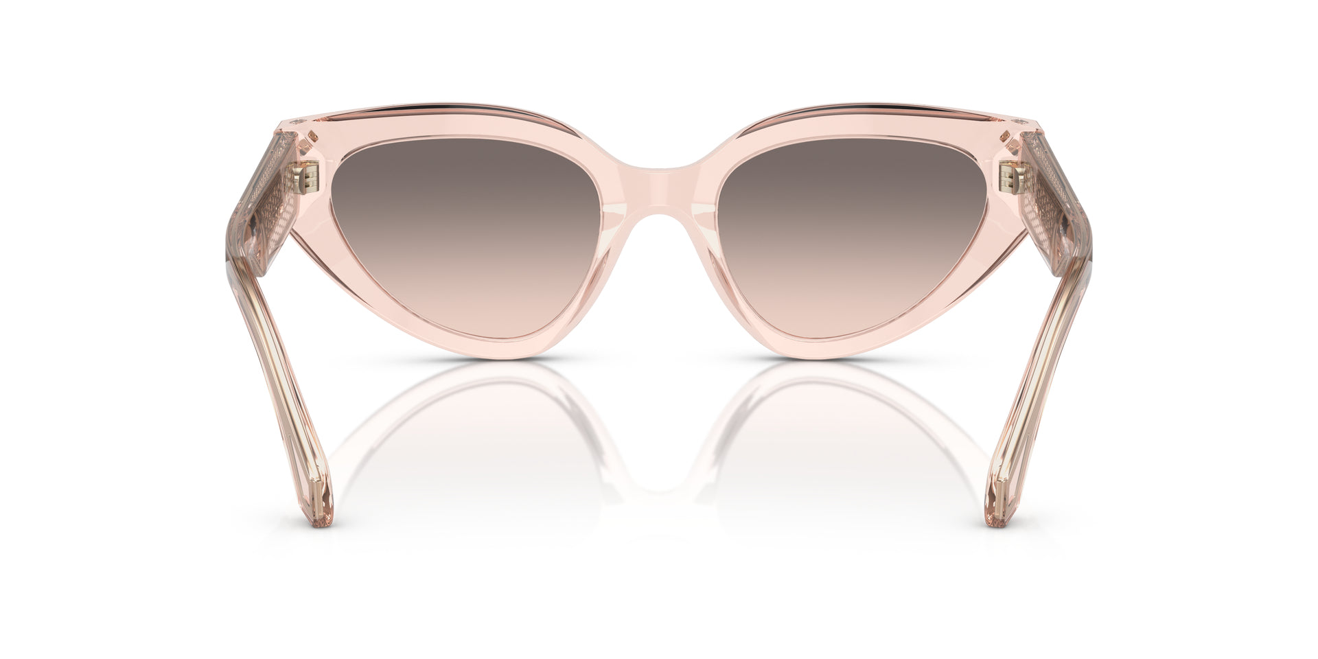 Bvlgari BV8256 54703B cat-eye sunglasses for women in full rim plastic, with transparent pink frame, and pink gradient grey lenses. 53mm in lens size, 21mm in bridge size, and 140mm in temple length.