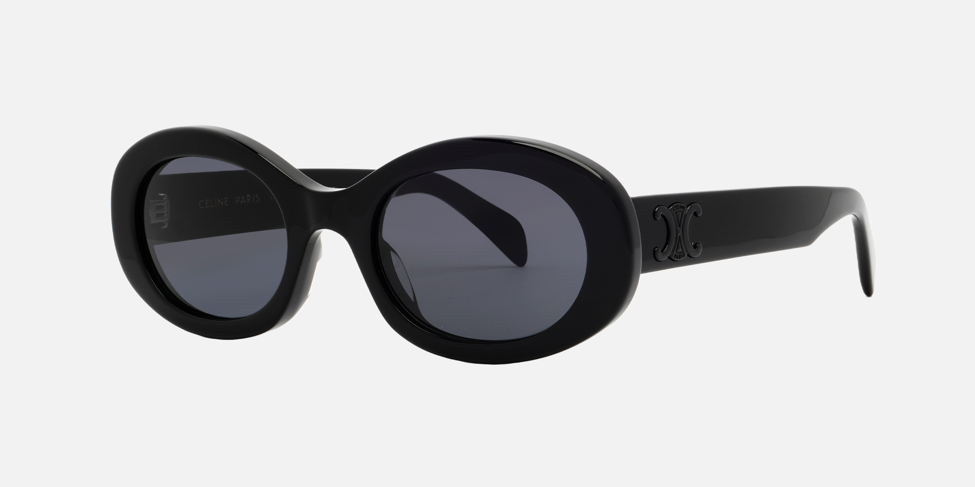 Celine CL40194U 05A round sunglasses for women in full rim acetate, with shiny black frame, and dark smoke organic grey solid tint lenses. 52mm in lens size, 22mm in bridge size, and 145mm in temple length.