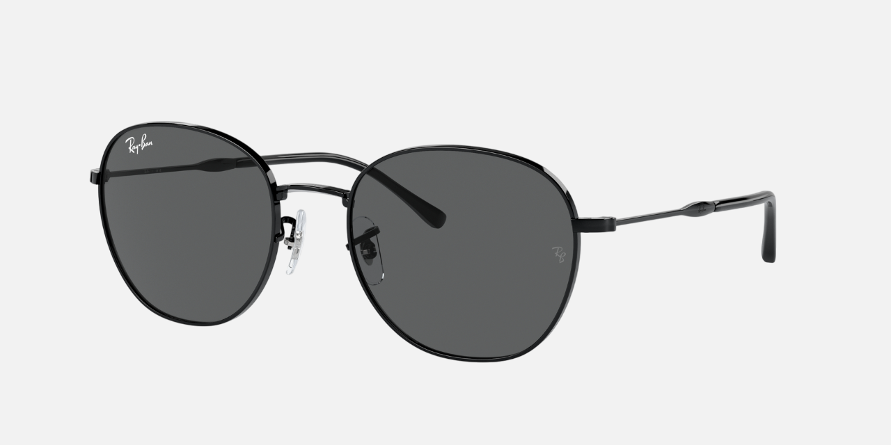 Ray-Ban RB3809 002/B1 round sunglasses for unisex in full rim metal, with black frame, and dark grey lenses. 55mm in lens size, 20mm in bridge size, and 145mm in temple length.