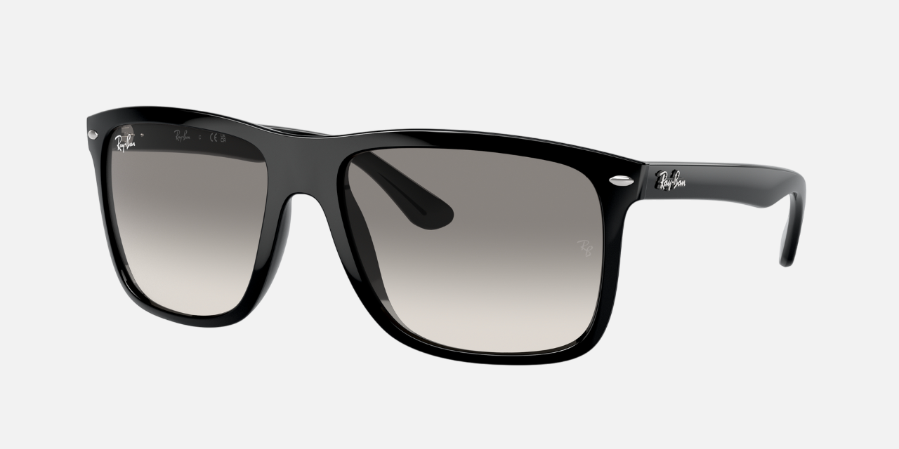 Ray-Ban Boyfriend Two RB4547 601/32 square sunglasses for men in full rim plastic, with black frame, and light grey lenses. 57mm in lens size, 18mm in bridge size, and 145mm in temple length.