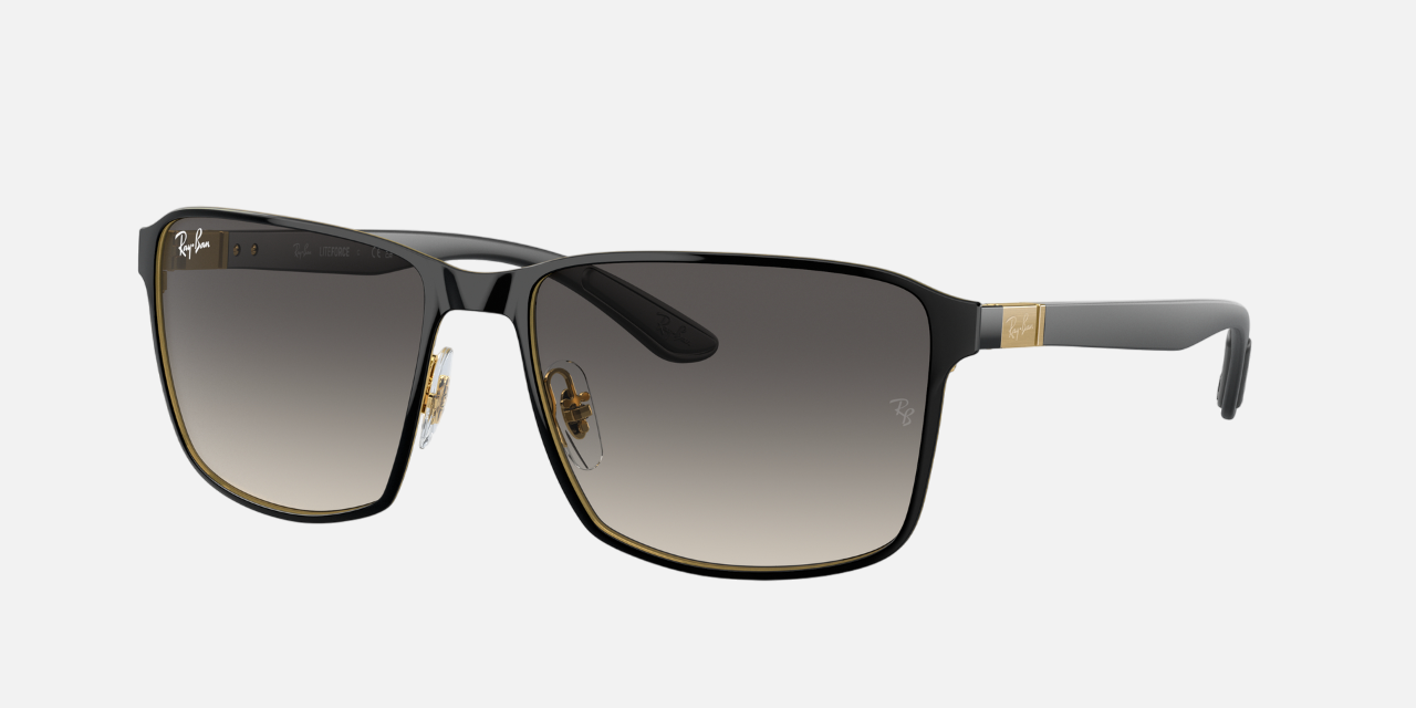 Ray-Ban RB3721 187/11 square sunglasses for unisex in full rim metal, with black on gold frame, and grey lenses. 59mm in lens size, 17mm in bridge size, and 145mm in temple length.