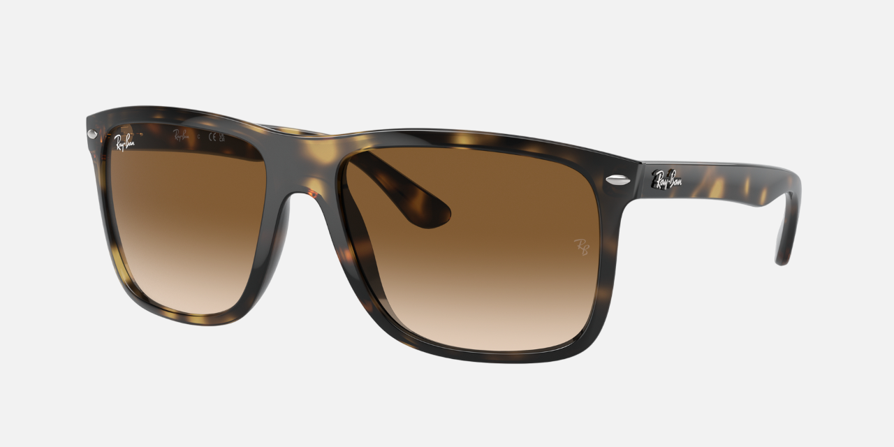 Ray-Ban Boyfriend Two RB4547 710/51 square sunglasses for men in full rim plastic, with havana frame, and light brown lenses. 57mm in lens size, 18mm in bridge size, and 145mm in temple length.