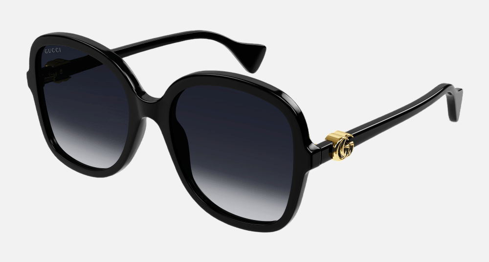 Gucci GG1178S 002 butterfly sunglasses for women in full rim plastic, with black frame, and black grey lenses. 56mm in lens size, 20mm in bridge size, and 145mm in temple length.
