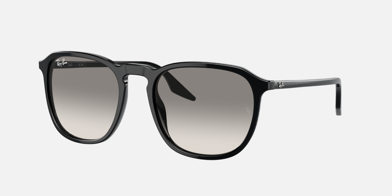 Ray-Ban RB2203 901/32 square sunglasses for unisex in full rim plastic, with black frame, and light grey lenses. 55mm in lens size, 20mm in bridge size, and 145mm in temple length.