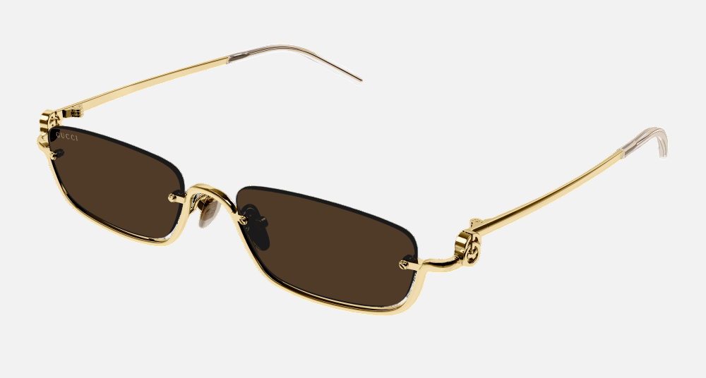 Gucci GG1278S 001 rectangular sunglasses for unisex in semi-rimless metal, with gold frame, and brown lenses. 55mm in lens size, 19mm in bridge size, and 140mm in temple length.