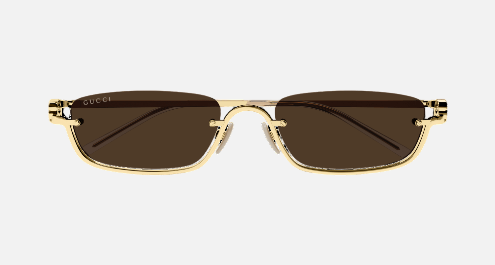 Gucci GG1278S 001 rectangular sunglasses for unisex in semi-rimless metal, with gold frame, and brown lenses. 55mm in lens size, 19mm in bridge size, and 140mm in temple length.