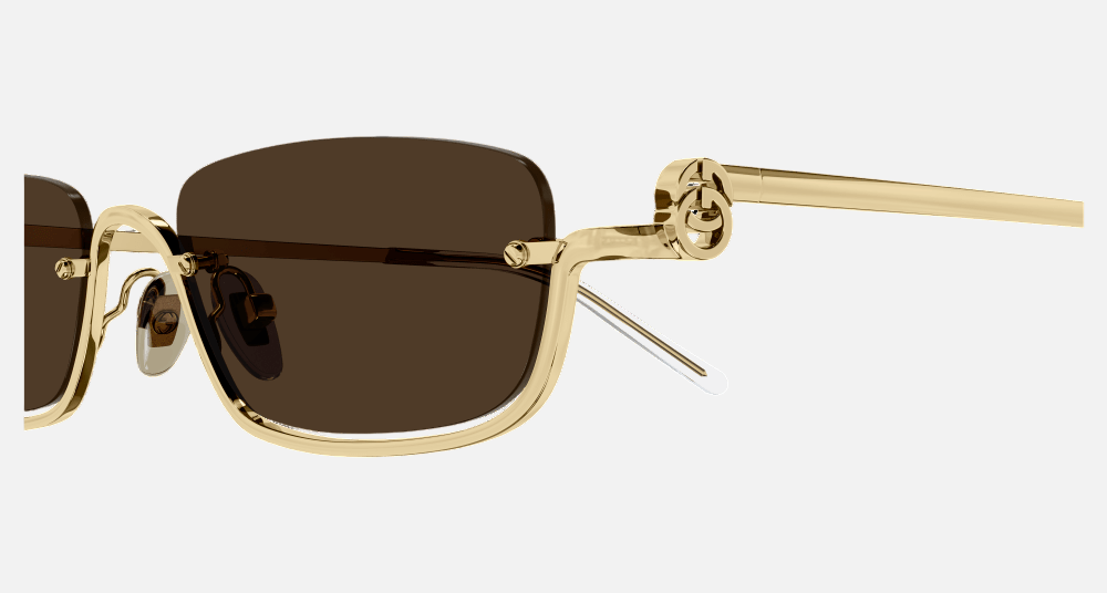 Gucci GG1278S 001 rectangular sunglasses for unisex in semi-rimless metal, with gold frame, and brown lenses. 55mm in lens size, 19mm in bridge size, and 140mm in temple length.