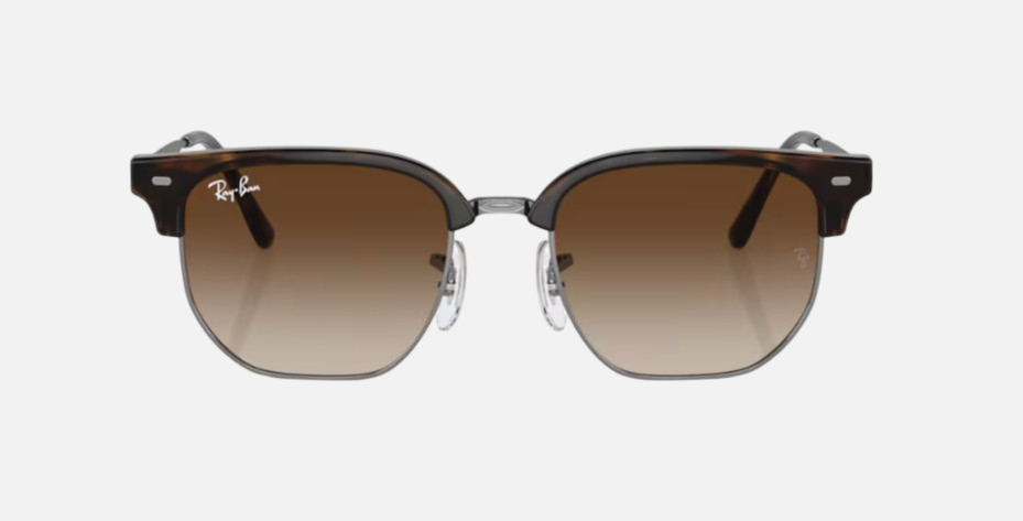 Ray-Ban Junior New Clubmaster RJ9116S 152/13 irregular sunglasses for kids in full rim injected, with polished havana on gunmetal frame, and brown lenses. 47mm in lens size, 17mm in bridge size, and 125mm in temple length.