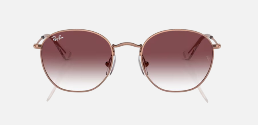 Ray-Ban Junior Rob Kids RJ9572S 291/8H irregular sunglasses for kids in full rim metal, with polished rose gold frame, and violet lenses. 48mm in lens size, 19mm in bridge size, and 130mm in temple length.