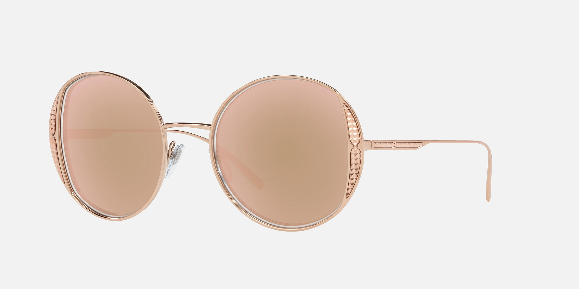 Bvlgari BV6169 20140W round sunglasses for women in full rim metal, with pink gold frame, and rose gold lenses. 53mm in lens size, 20mm in bridge size, and 140mm in temple length.