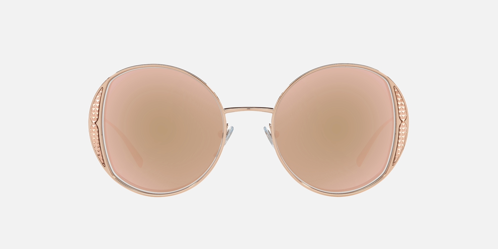 Bvlgari BV6169 20140W round sunglasses for women in full rim metal, with pink gold frame, and rose gold lenses. 53mm in lens size, 20mm in bridge size, and 140mm in temple length.
