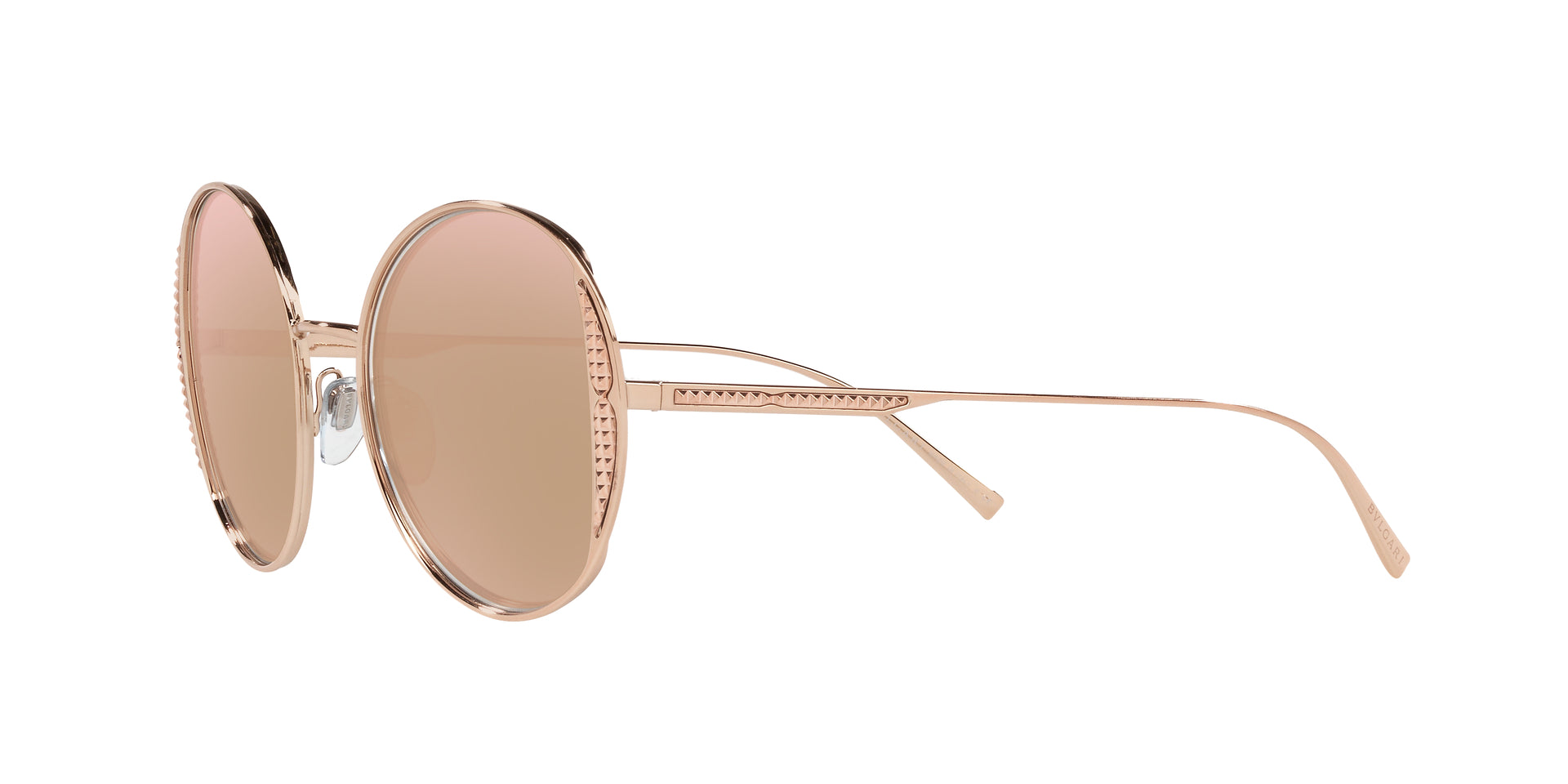 Bvlgari BV6169 20140W round sunglasses for women in full rim metal, with pink gold frame, and rose gold lenses. 53mm in lens size, 20mm in bridge size, and 140mm in temple length.