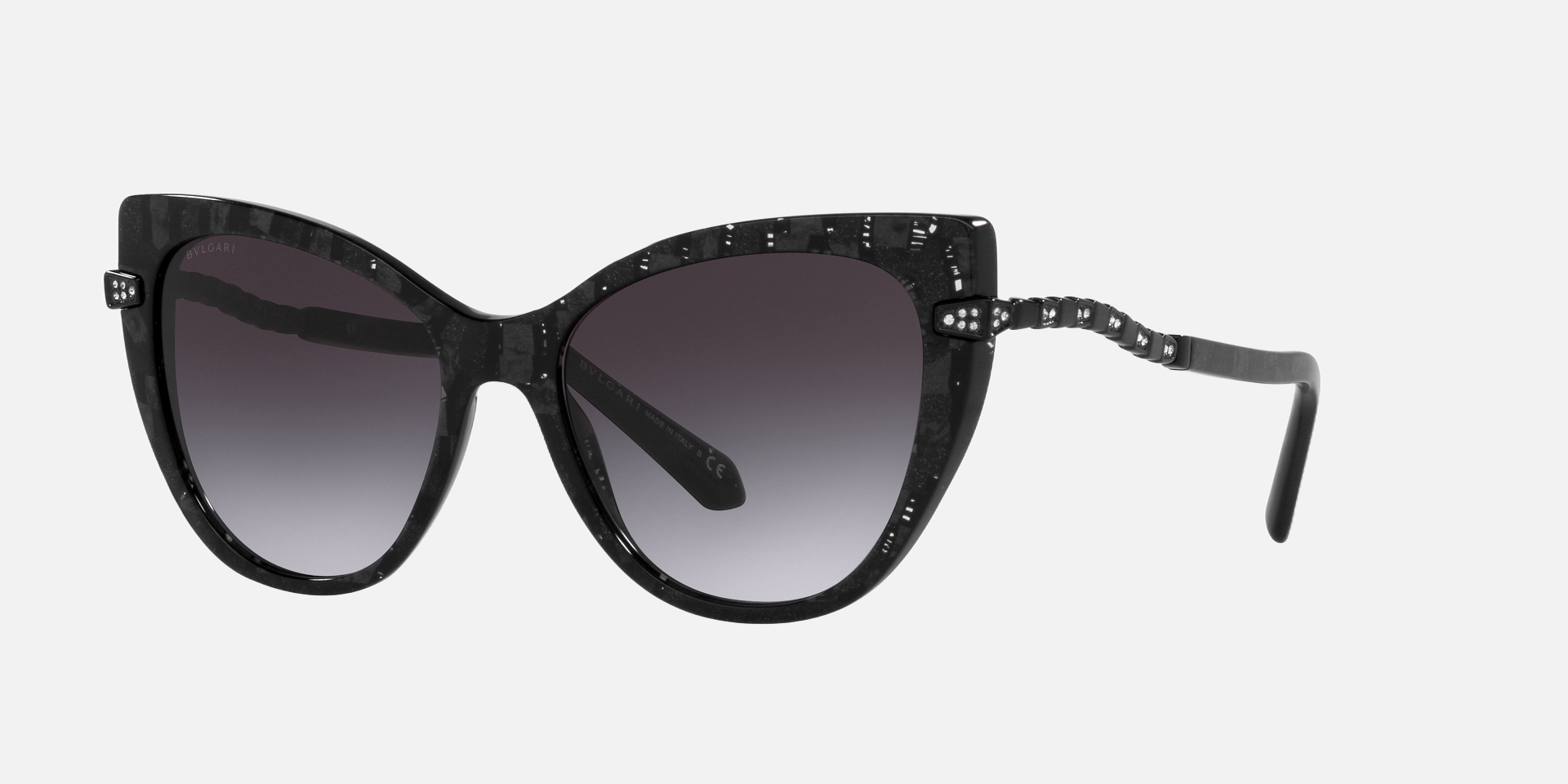 Bvlgari BV8236B 54128G cat-eye sunglasses for women in full rim plastic, with bvlgari black mamba frame, and grey gradient lenses. 55mm in lens size, 17mm in bridge size, and 140mm in temple length.